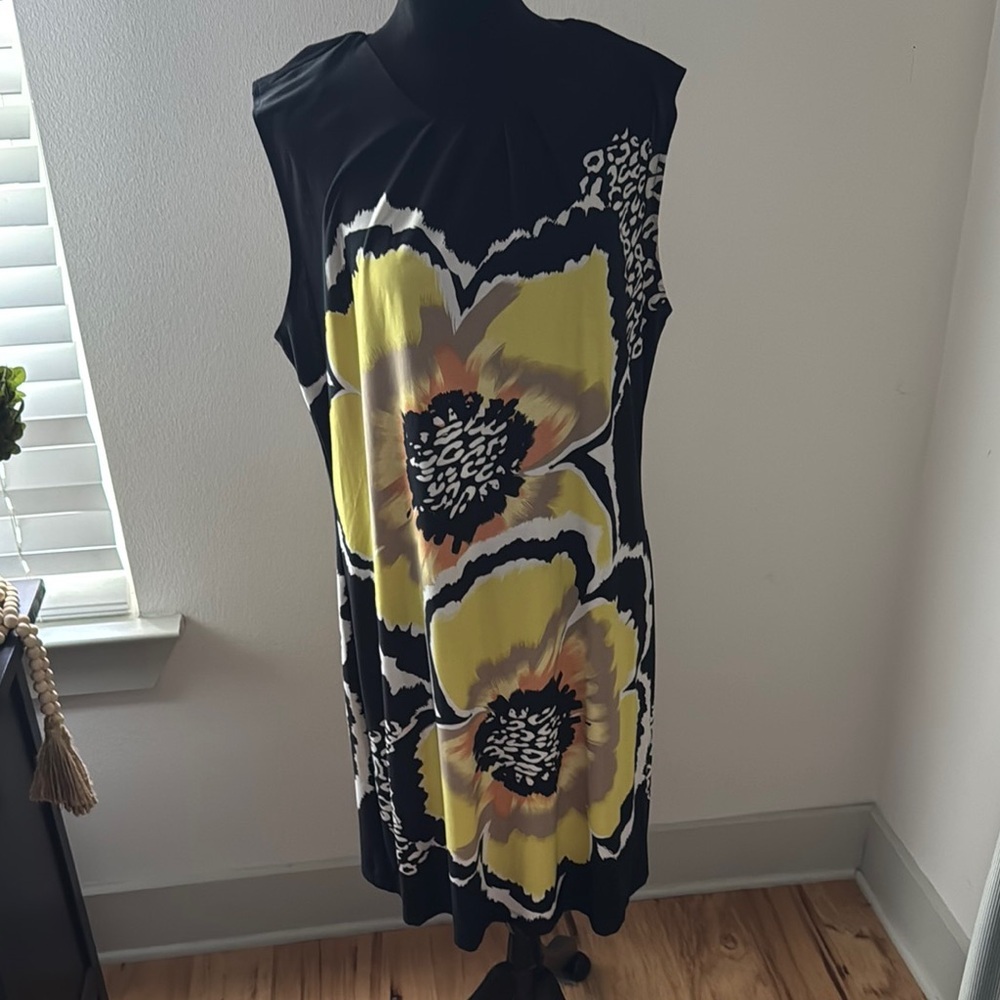 Voir Voir black yellow floral sleeveless shift dress Sz 16